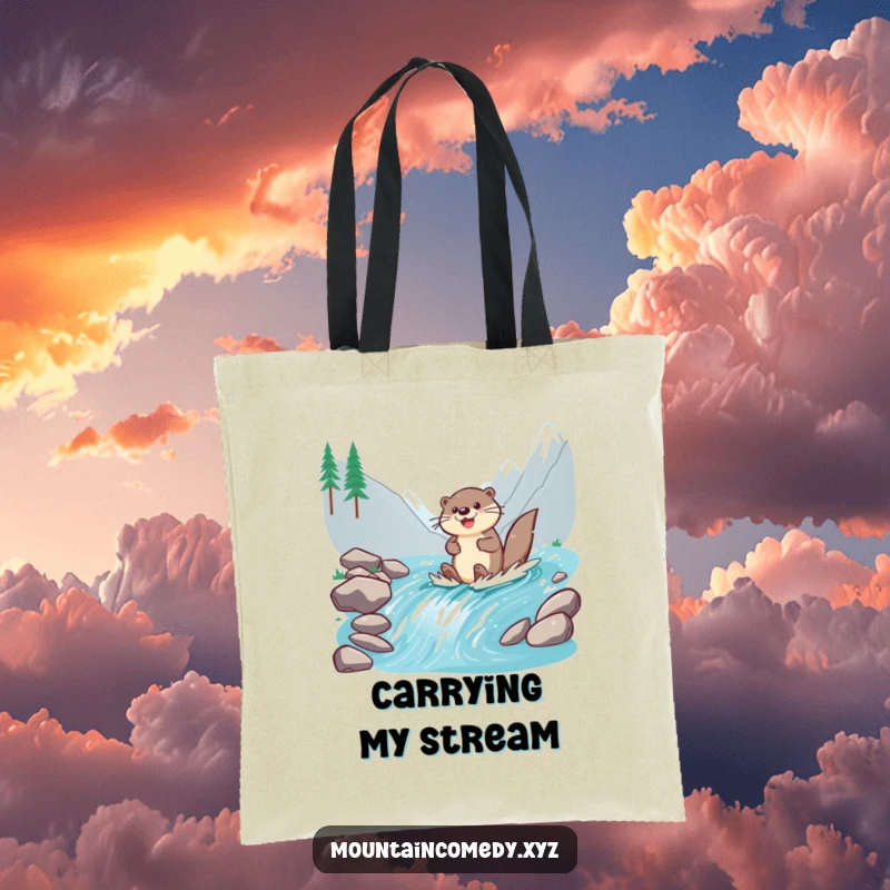 Funny otter character enthusiastically paddling down a fast stream, featured on a practical and humorous tote bag for water lovers.