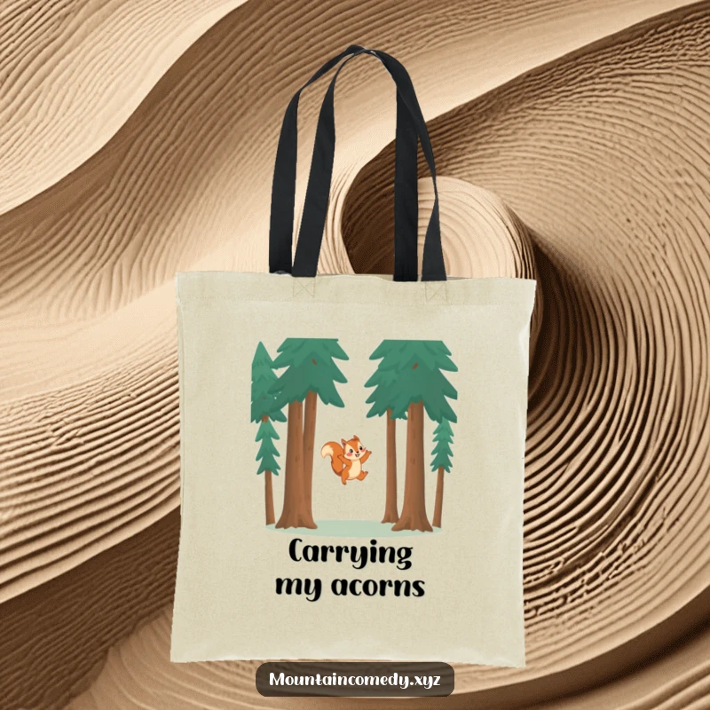 Funny squirrel character leaping between towering pine trees, featured on a practical and humorous tote bag for forest lovers.