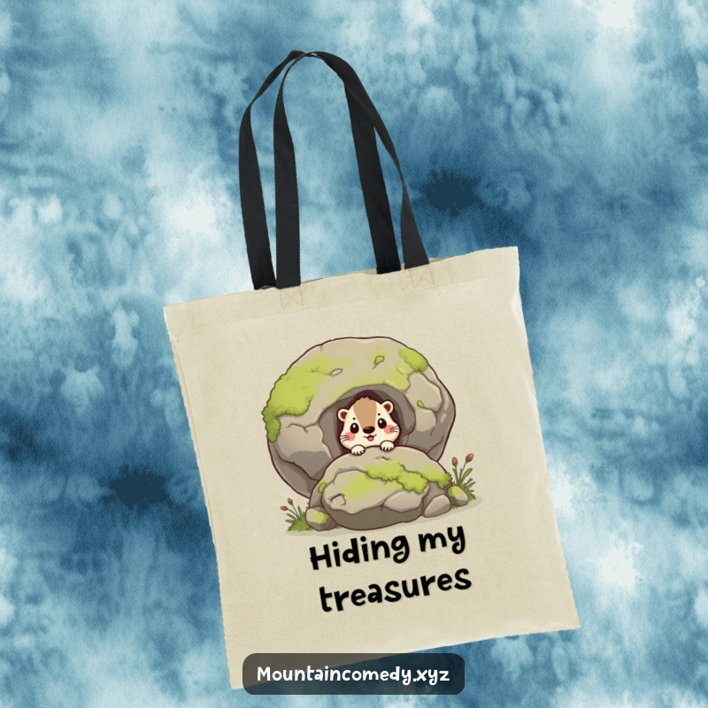 Funny marmot character curiously peering from behind a mossy boulder, humorous tote bag for nature excursions, great gift.